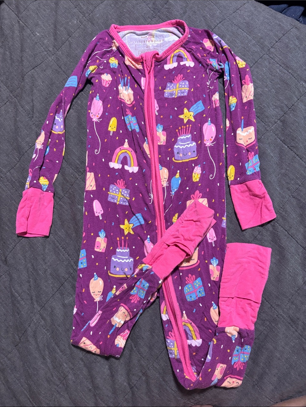 Little Sleepies Purple Footed One-Piece with Pink Trim - Birthday Print